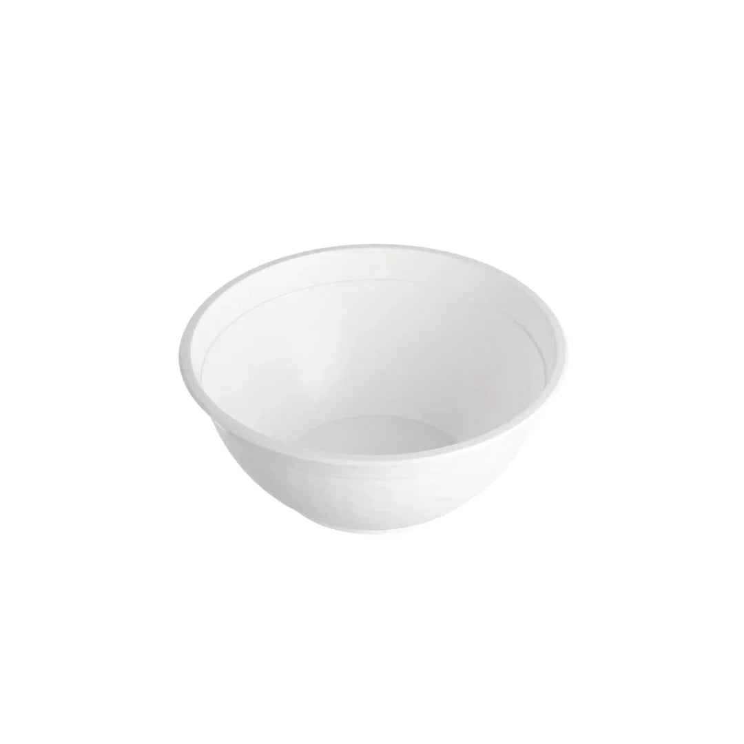 Single white disposable plastic bowl on a white background