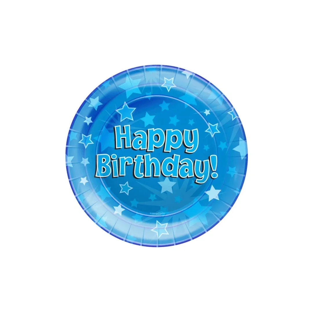 Blue Happy Birthday paper plate with white stars and blue gradient design
