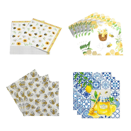 Collection of bee and lemon themed disposable paper napkins in various patterns