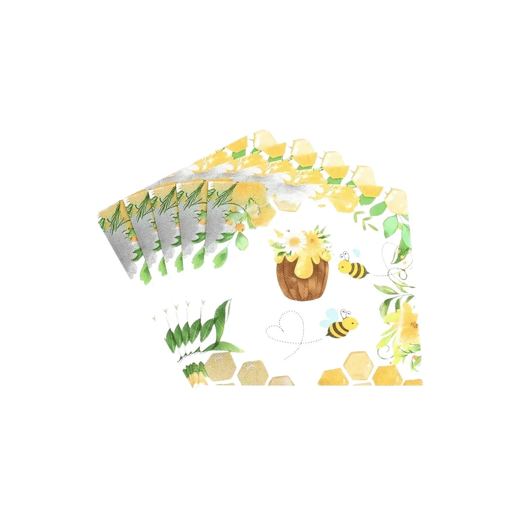 Bee themed party supply set with napkins, honeycomb patterns, and honey pot illustration
