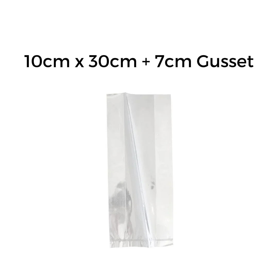 Clear plastic packaging bag with dimensions 10cm x 30cm and 7cm gusset