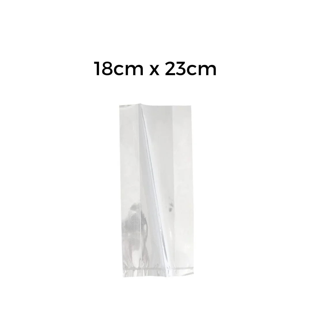 Clear plastic packaging bag measuring 18cm x 23cm