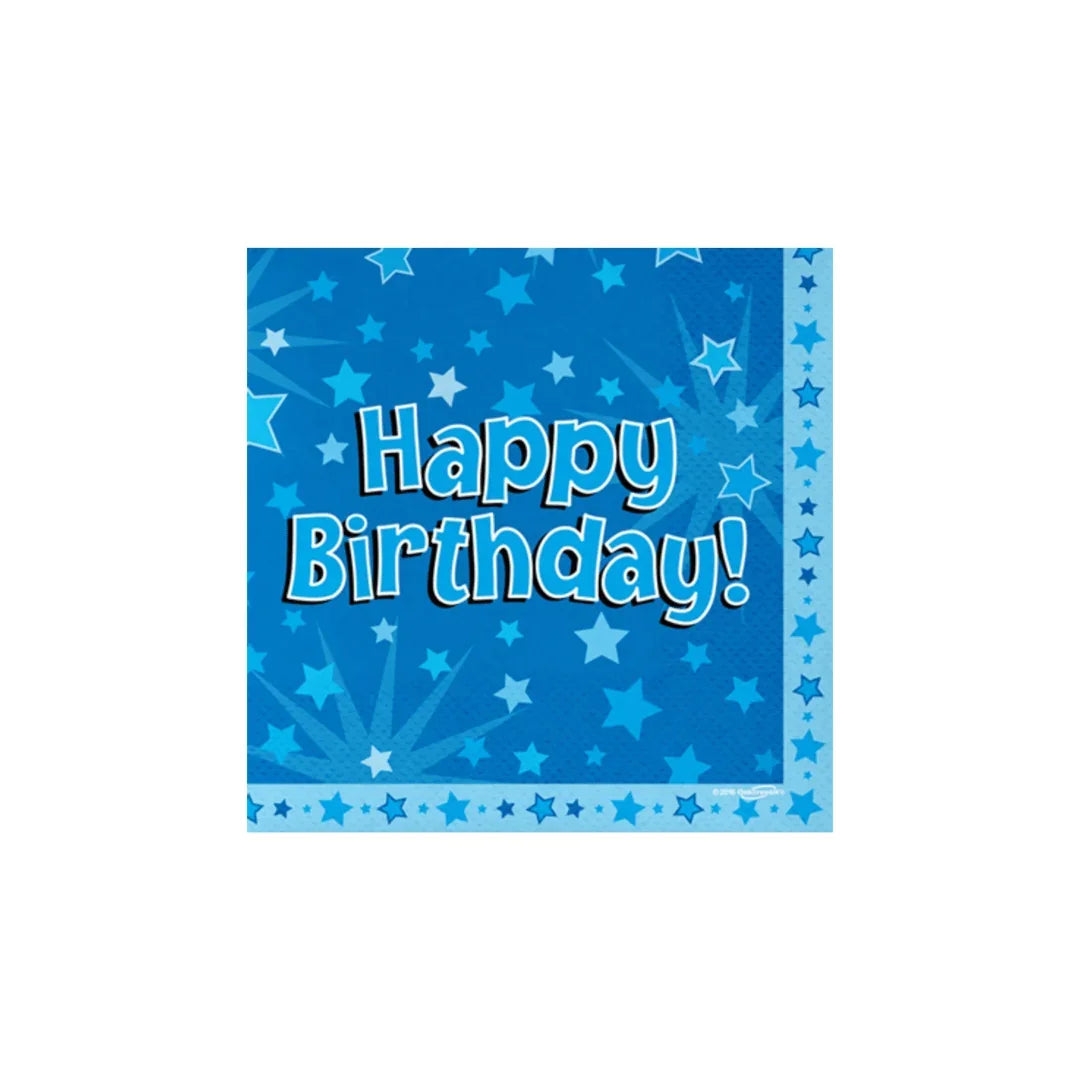 Blue birthday napkins with 'Happy Birthday!' text and star patterns