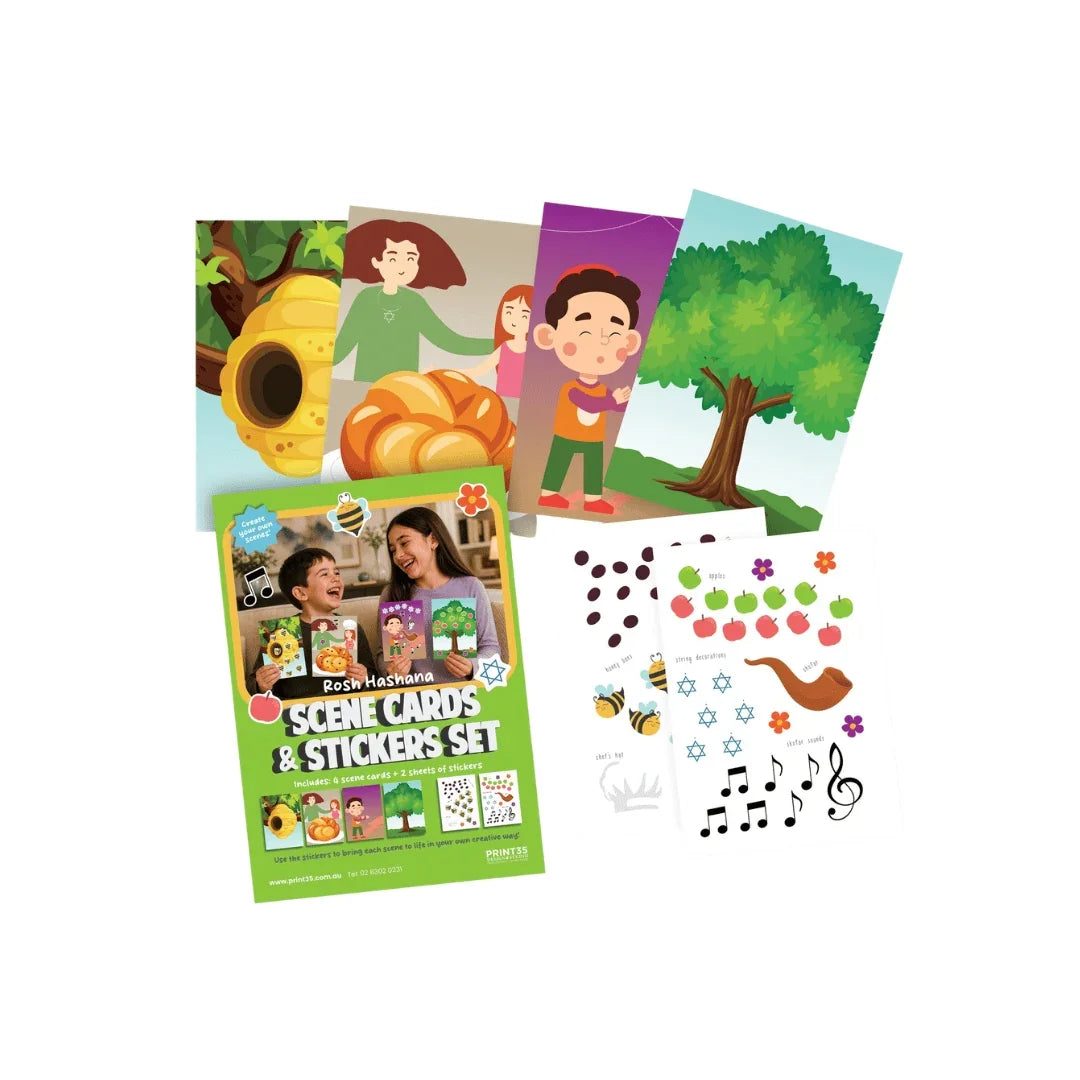 Rosh Hashana scene cards and stickers set for children's activities