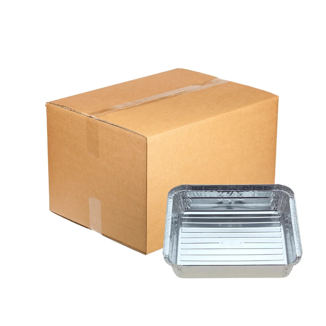 A brown cardboard shipping box next to a rectangular disposable aluminum foil tray.