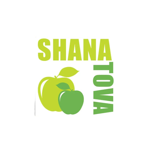 Green 'Shana Tova' greeting with apple illustrations on a white background