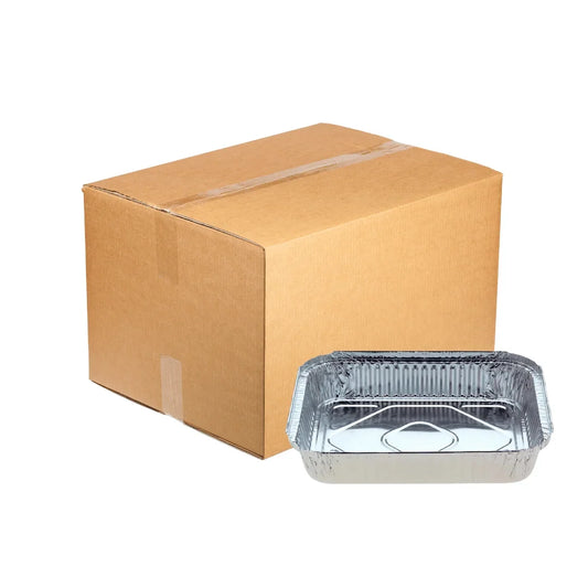 Brown cardboard shipping box with a disposable aluminum foil catering tray