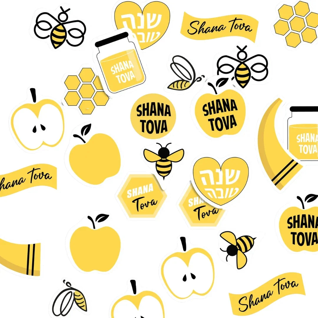 Set of yellow and white Rosh Hashanah stickers with apples, honey jars, bees, and Shana Tova text.