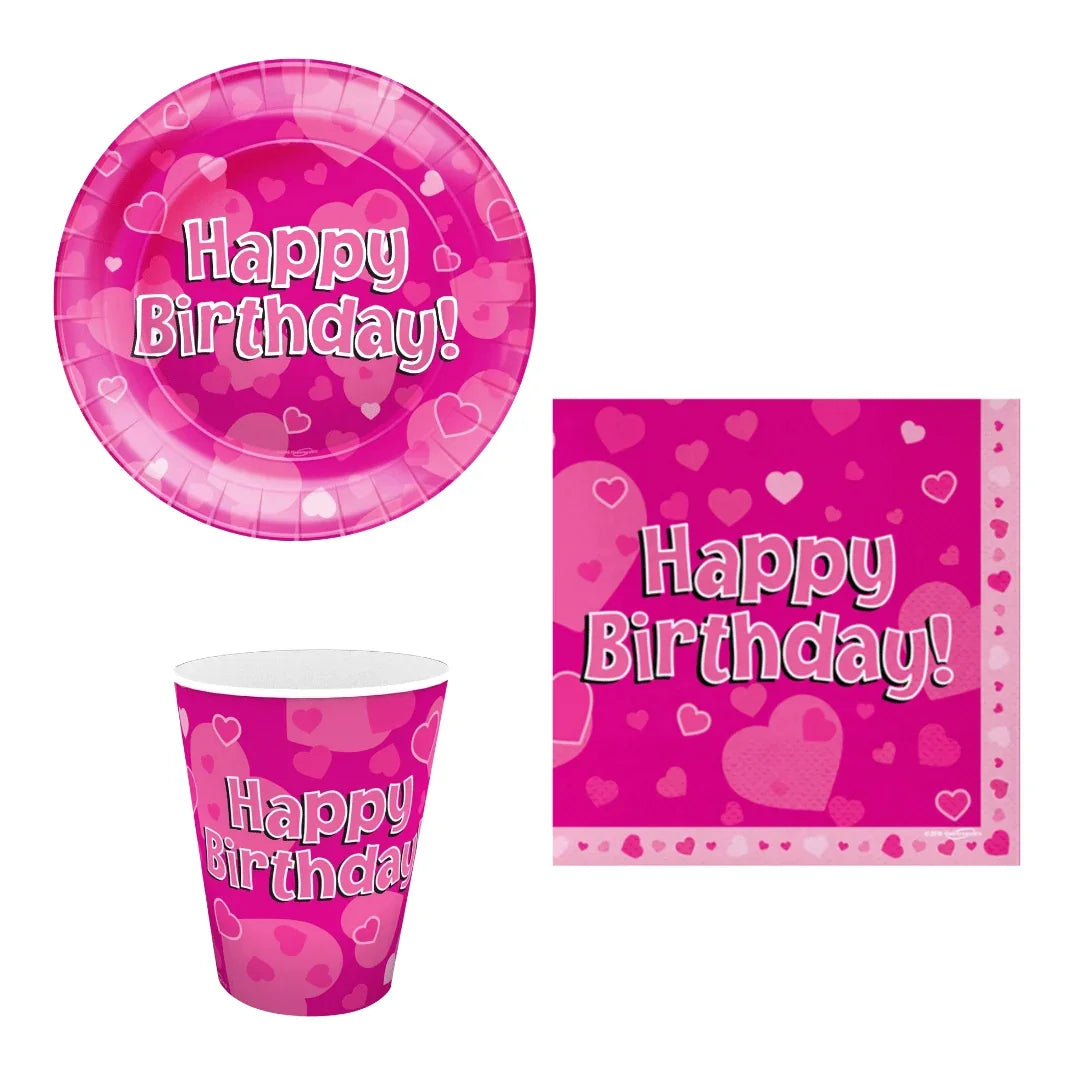 Pink Happy Birthday party supplies set including a paper plate, napkin, and cup with heart designs