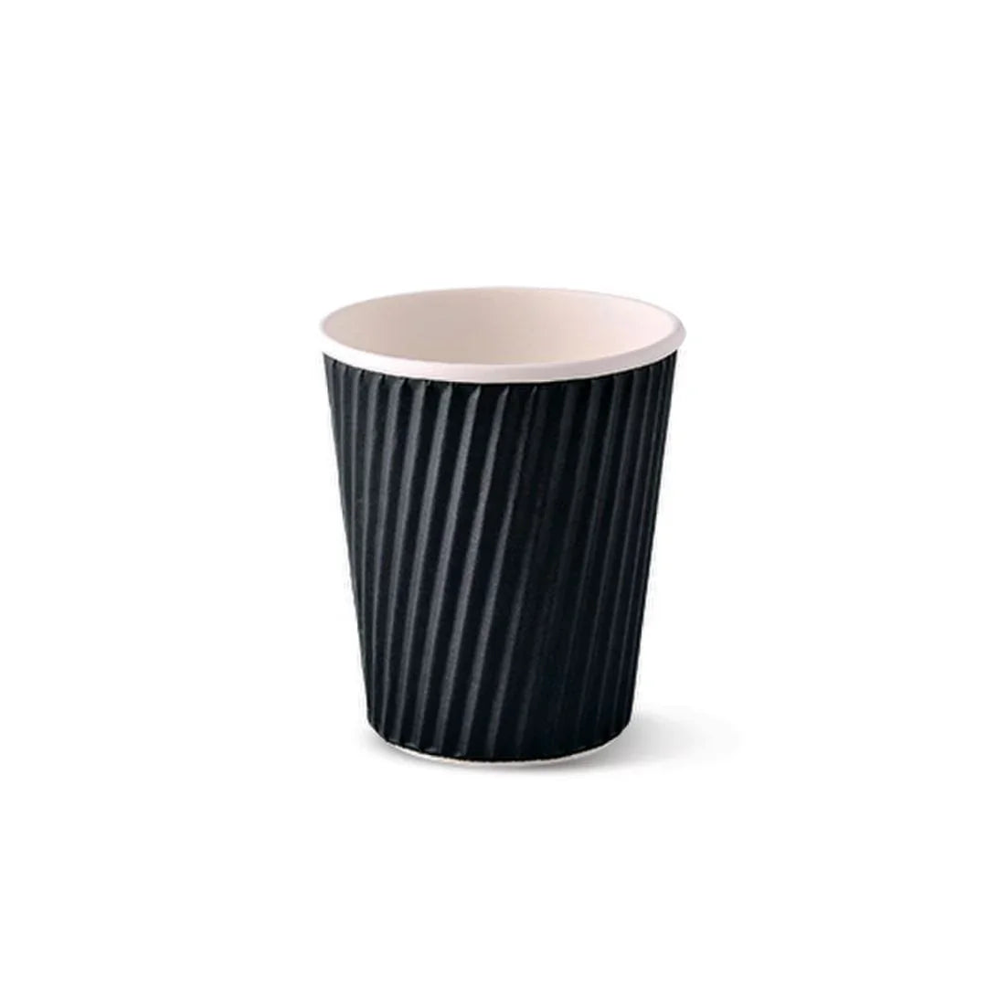 Black corrugated disposable paper coffee cup on a white background