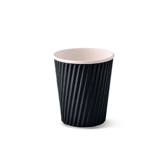 Black corrugated disposable paper coffee cup on a white background