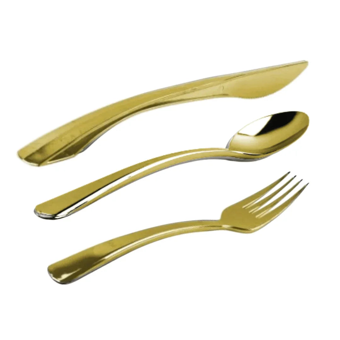 Set of gold plastic cutlery including a knife, spoon, and fork