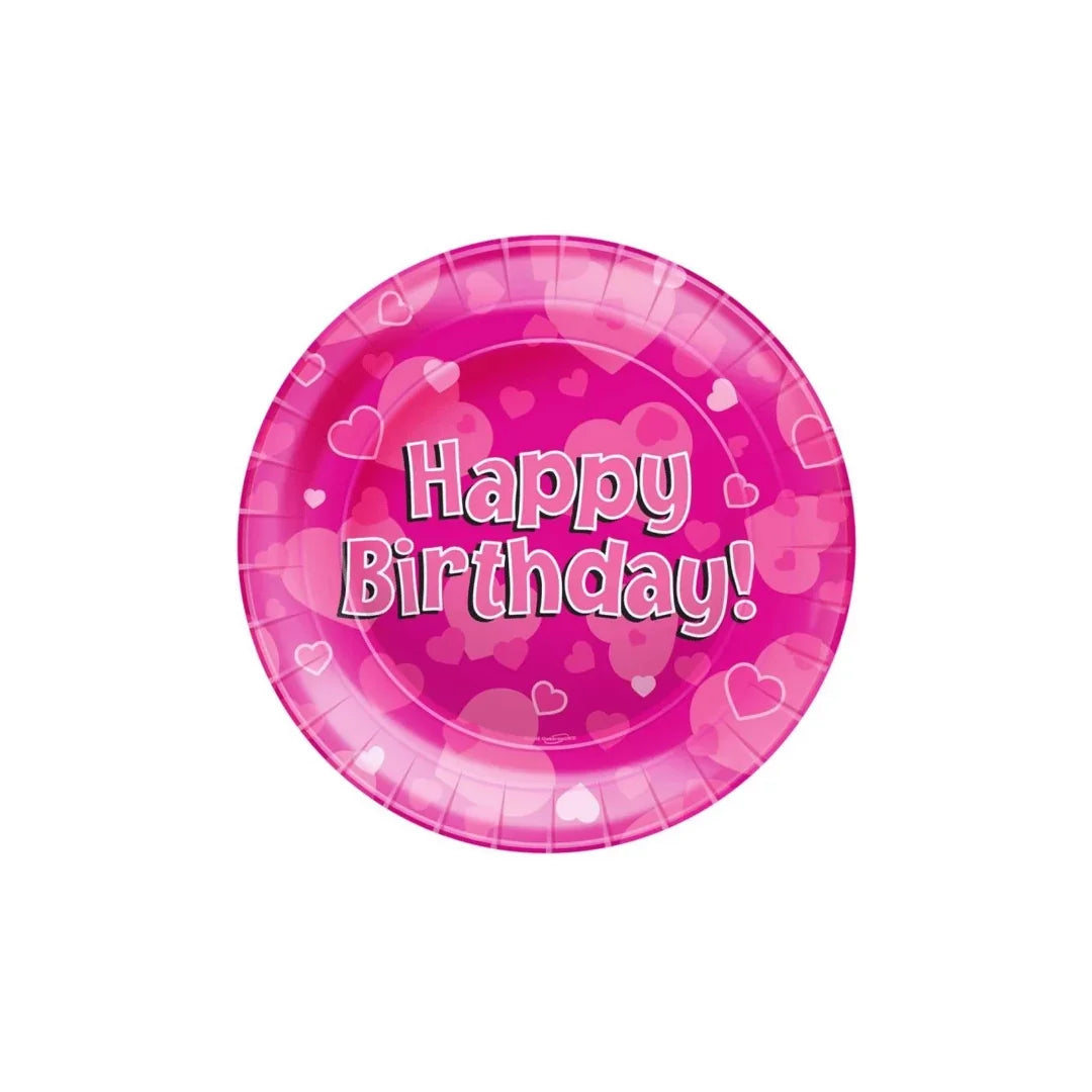Pink Happy Birthday paper plate with heart patterns