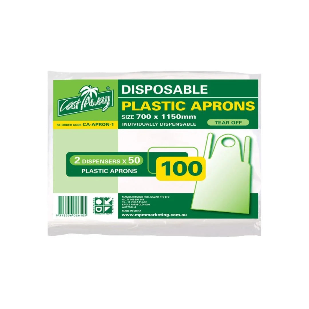 Pack of 100 Cast Away disposable plastic aprons in two dispensers