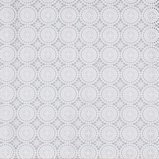 Seamless white lace doily pattern with intricate floral circular designs on a light grey background