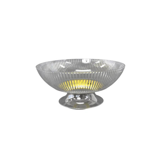 Clear ribbed plastic footed fruit bowl with a reflective silver base