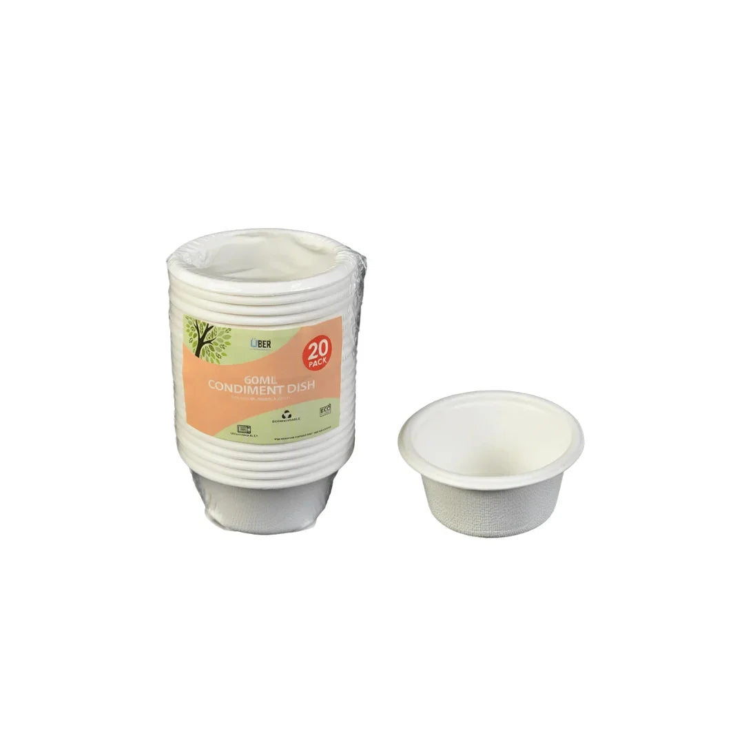 A pack of 20 biodegradable white condiment dishes with one single dish placed beside them.