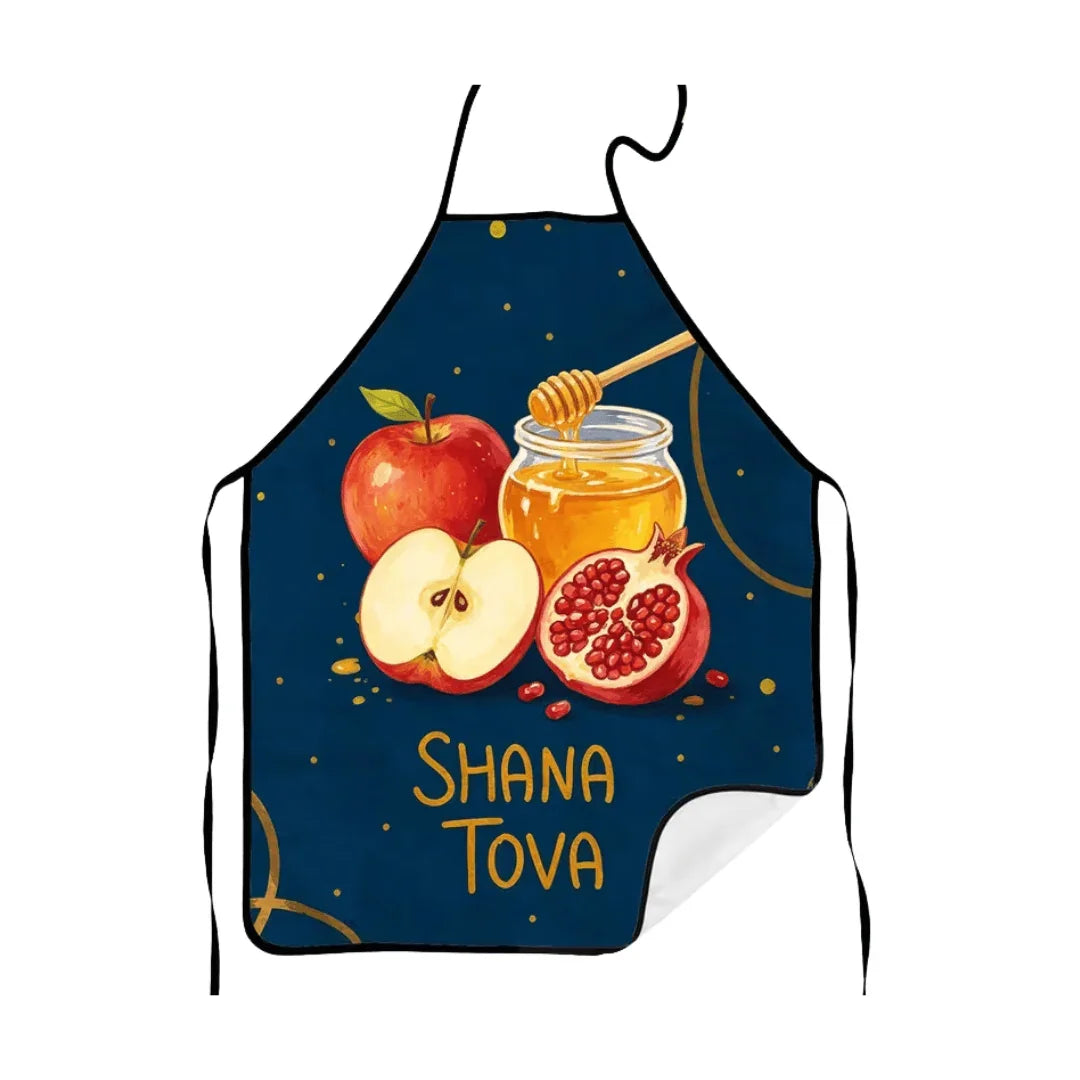 Navy blue apron featuring Rosh Hashanah illustrations of apples, honey, and pomegranate.