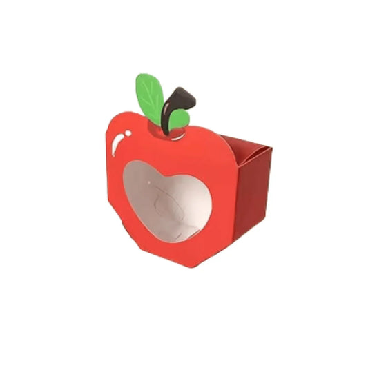Red apple-shaped cardboard packaging box with a clear window and green leaf detail.