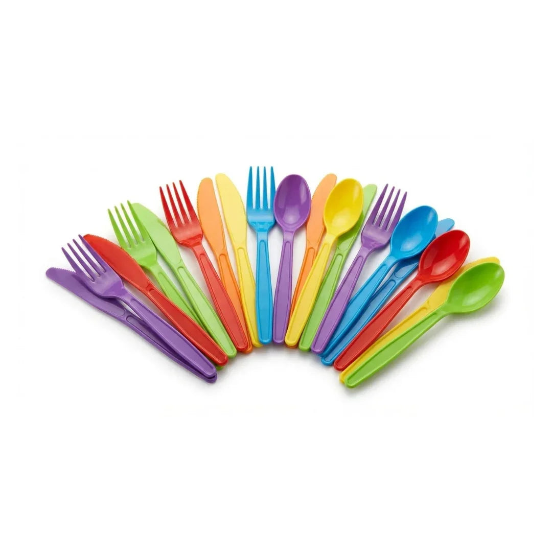 A colorful assortment of reusable plastic cutlery arranged in a semi-circle on a white background.