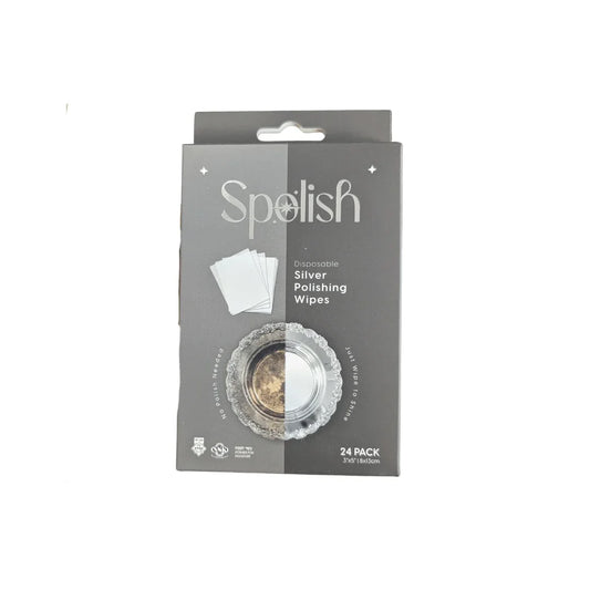 Pack of 24 Spelish disposable silver polishing wipes on grey packaging.