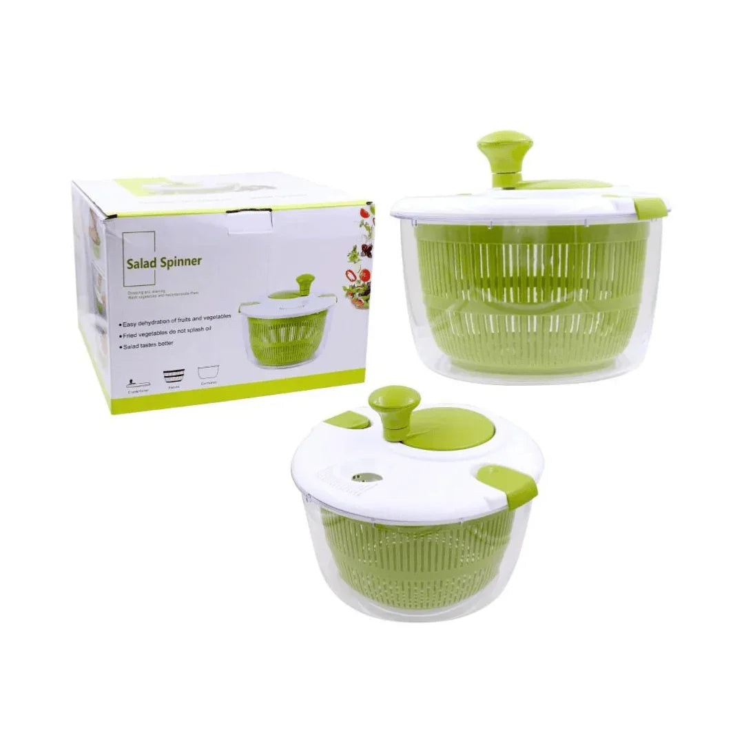 Green and clear plastic salad spinner with retail packaging box