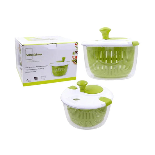 Green and clear plastic salad spinner with retail packaging box