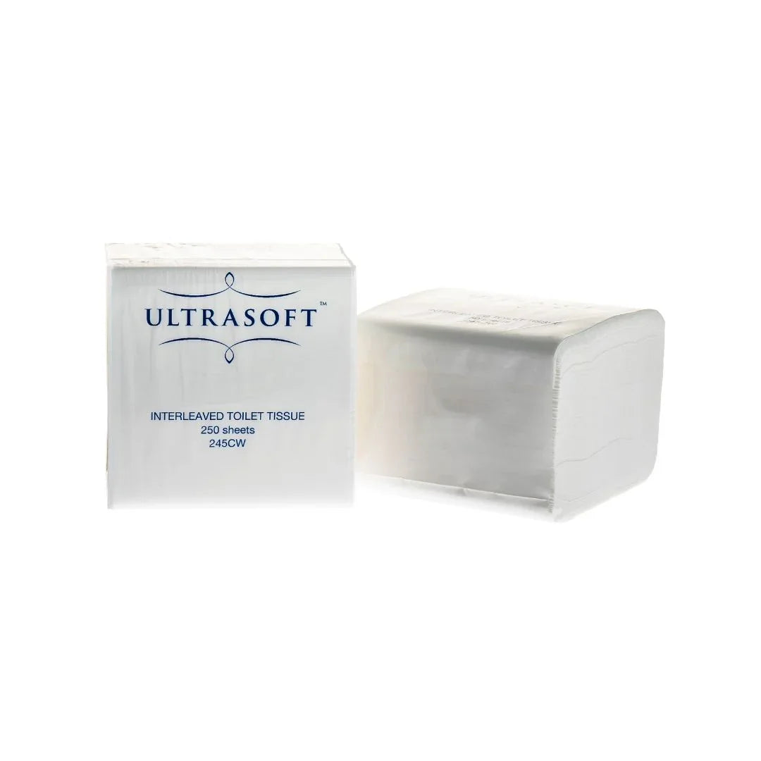 Two packs of UltraSoft interleaved toilet tissue, one upright and one lying flat.