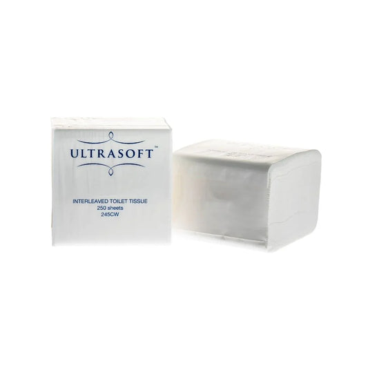 Two packs of UltraSoft interleaved toilet tissue, one upright and one lying flat.