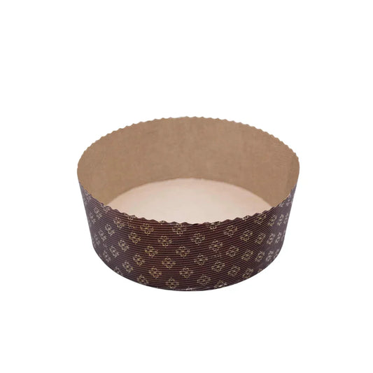 Brown patterned paper baking mold with a scalloped edge