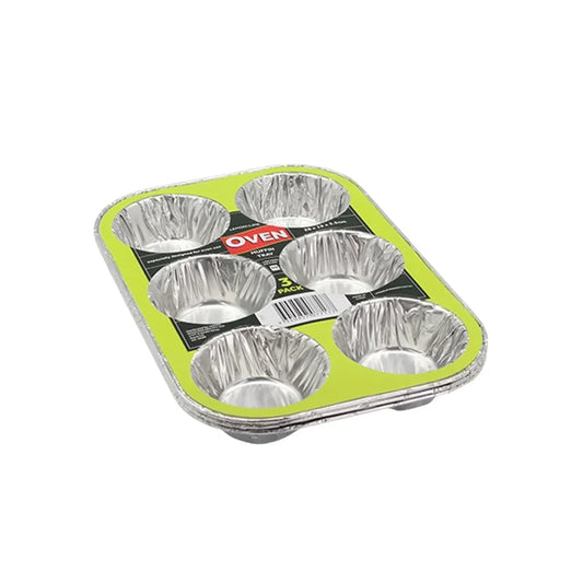 Disposable aluminum 6-cup muffin tray with green packaging label