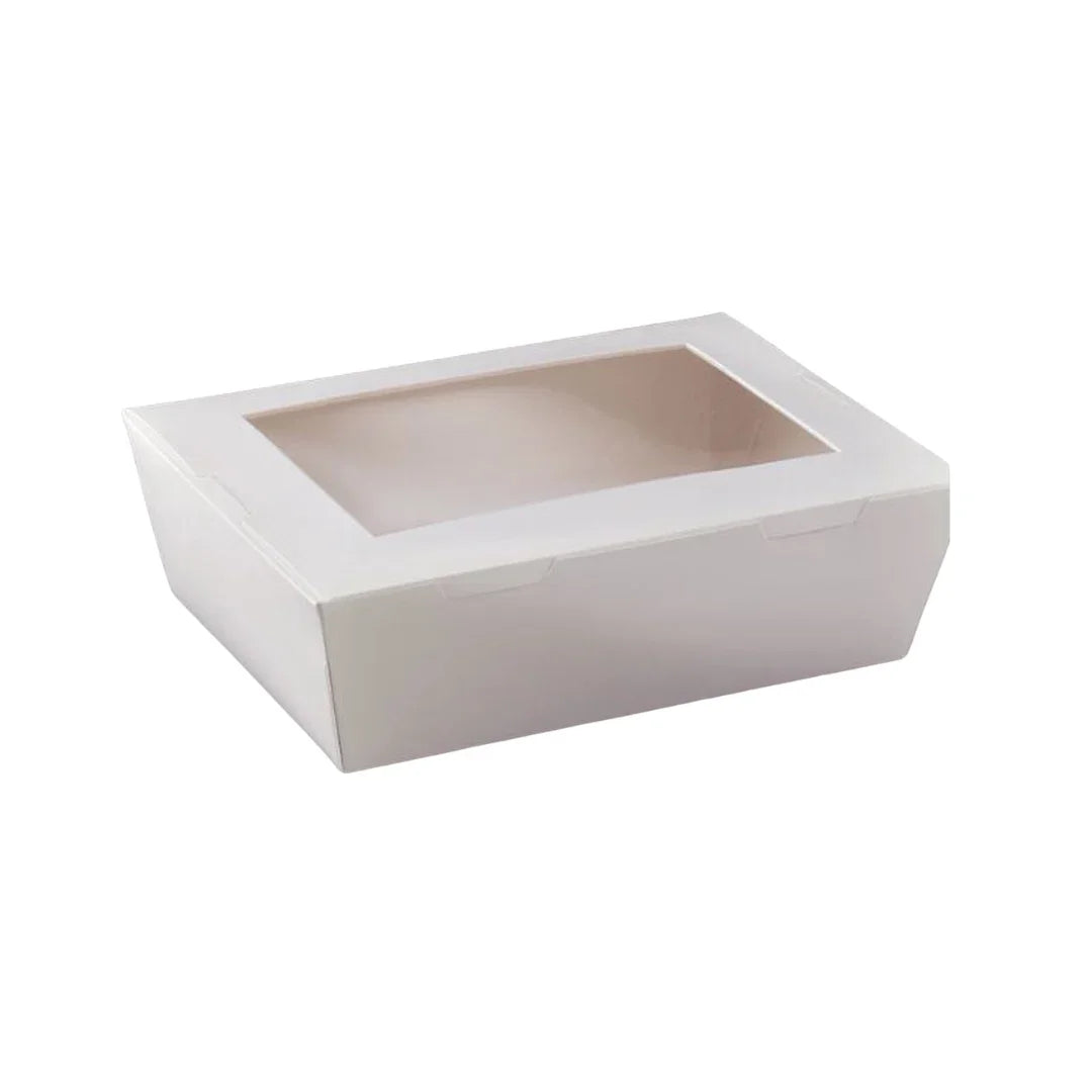 White cardboard catering box with a clear plastic viewing window