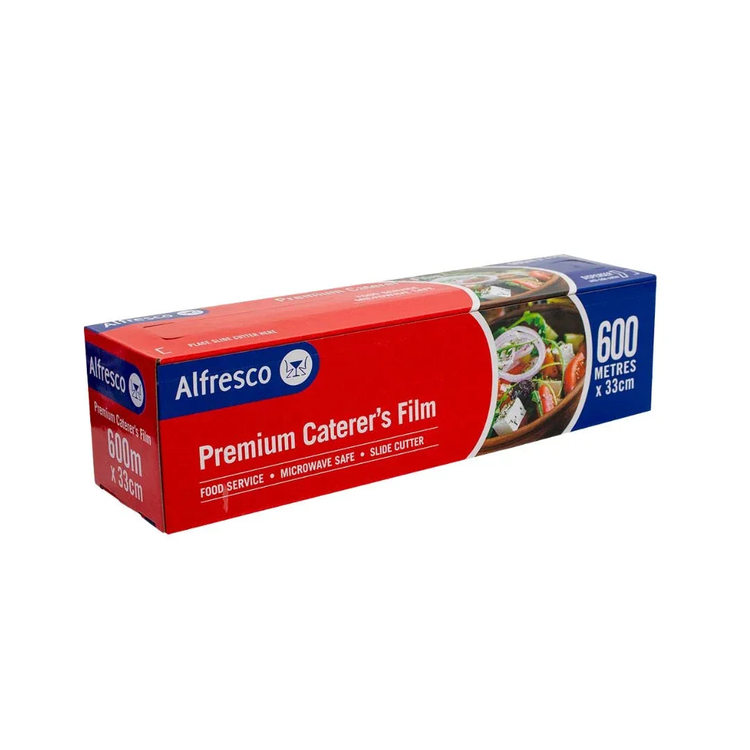 Alfresco Premium Caterer's Film, 600m x 33cm cling wrap in a red and blue box.