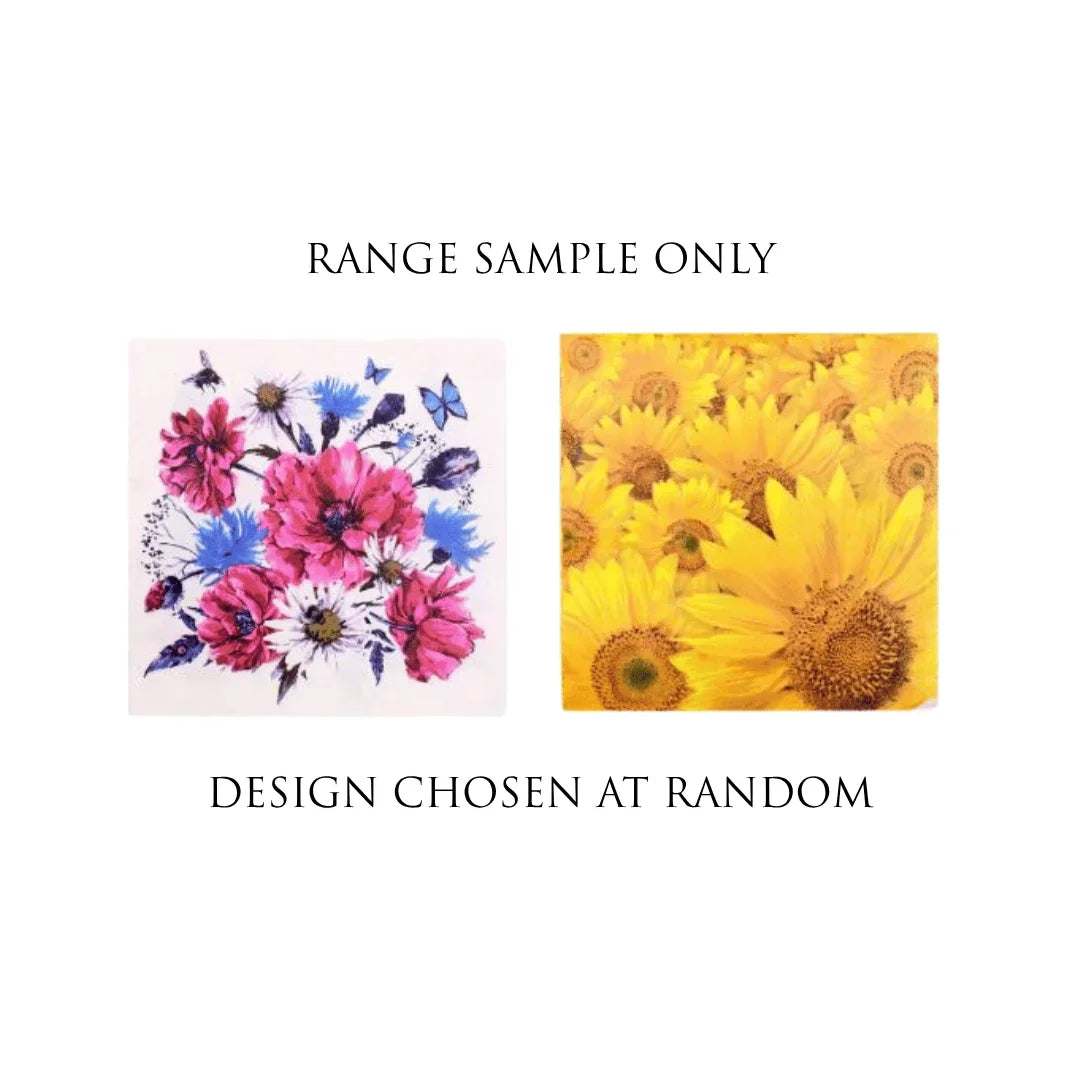 Sample floral napkins featuring colorful mixed blooms and yellow sunflowers.