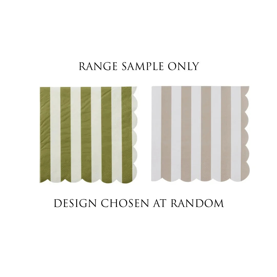 Two striped paper napkins in olive green and beige with scalloped edges.