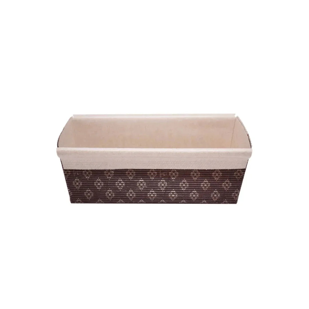 Brown patterned disposable cardboard catering tray with a white interior