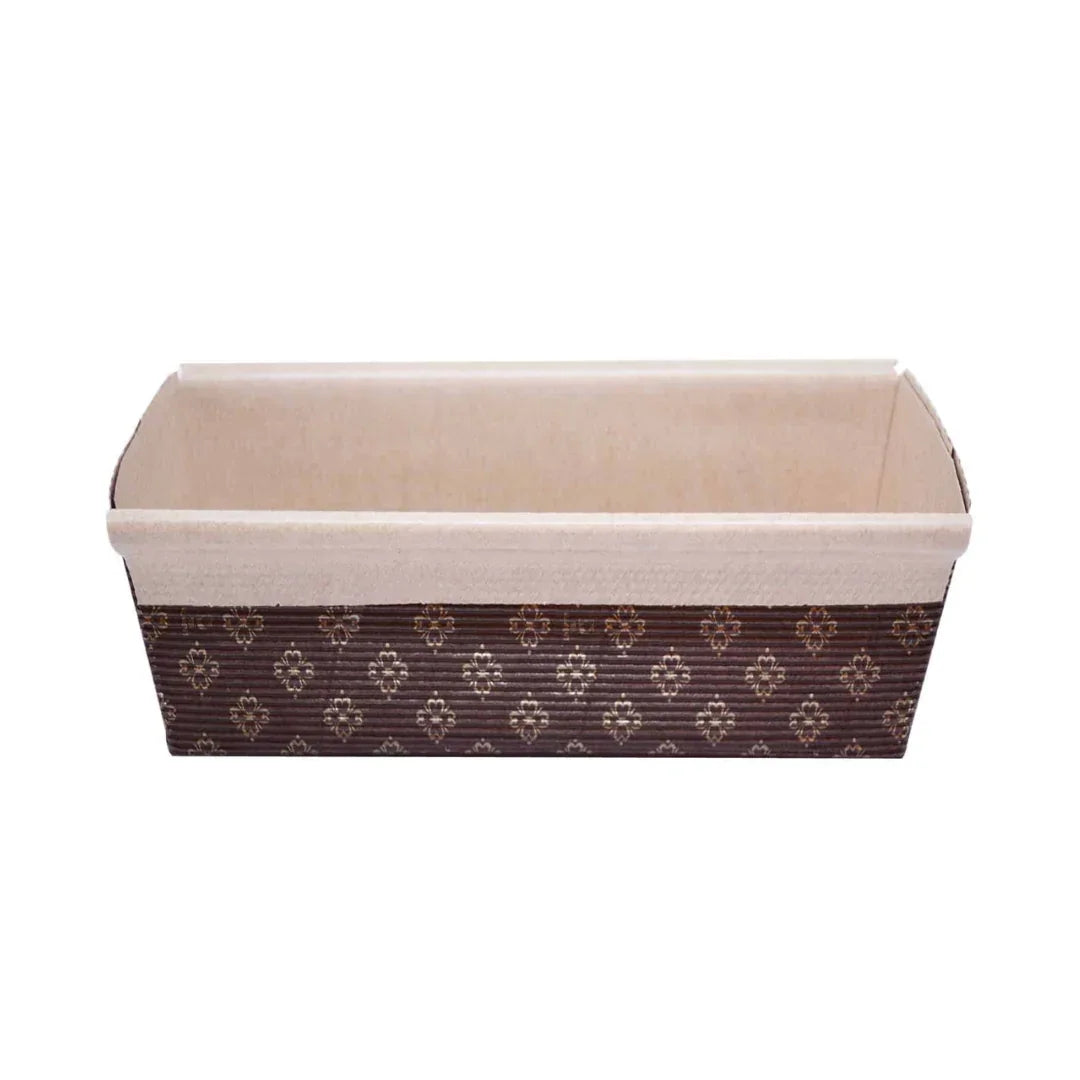 Brown rectangular cardboard food tray with a gold floral pattern and cream interior