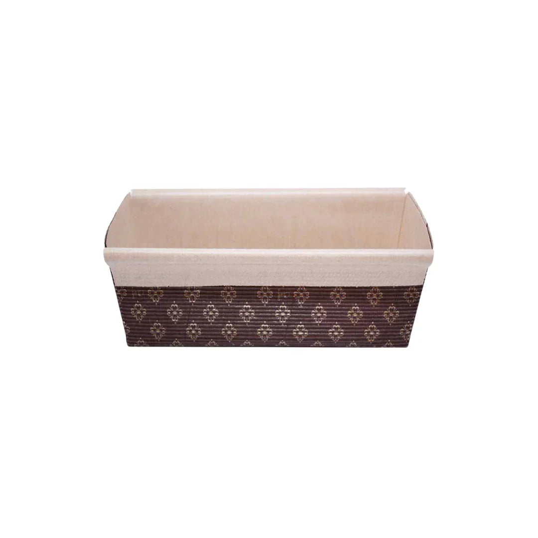 Rectangular brown patterned storage basket with a light-colored fabric lining