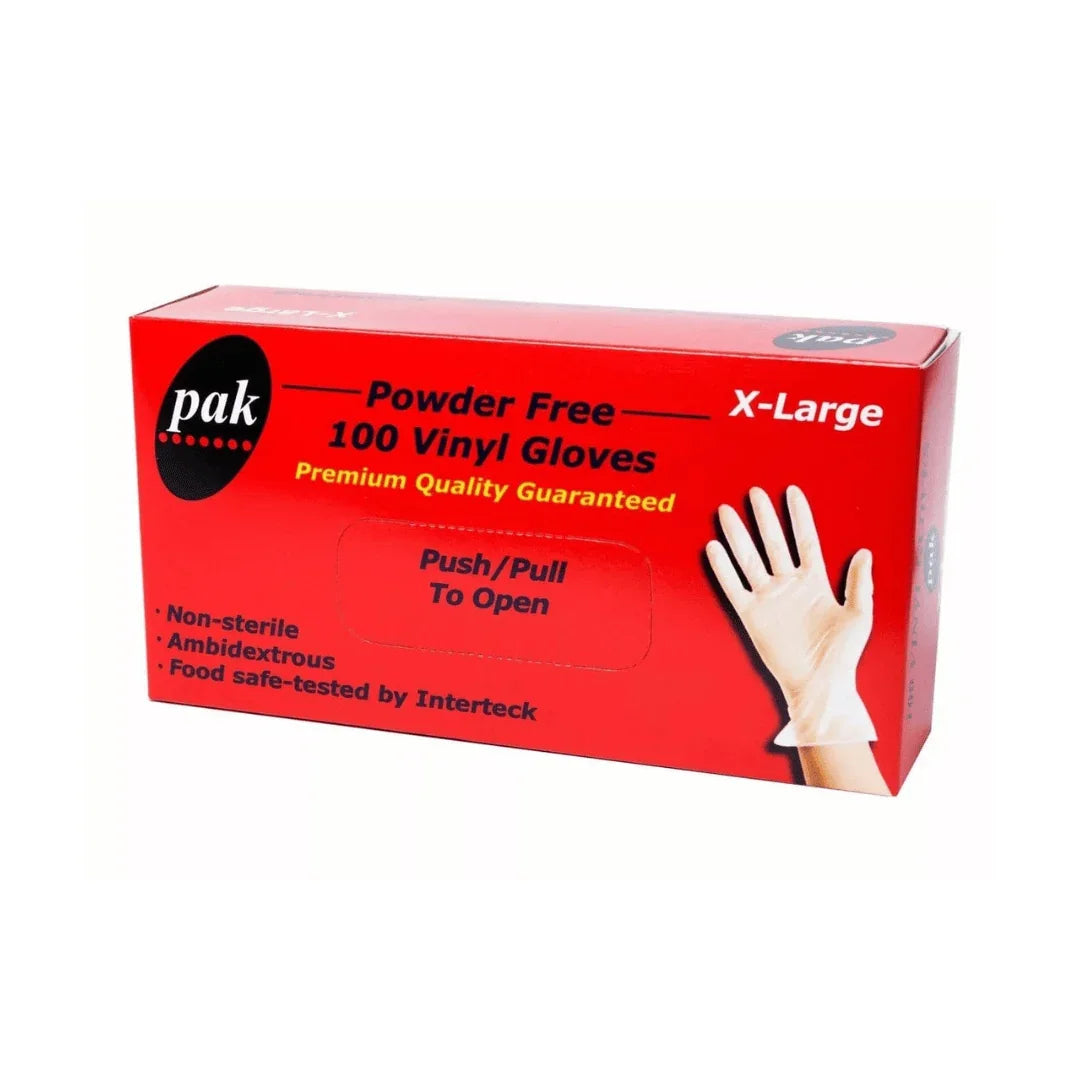Red box of Pak powder-free vinyl gloves, X-Large, 100 count, non-sterile and food safe.