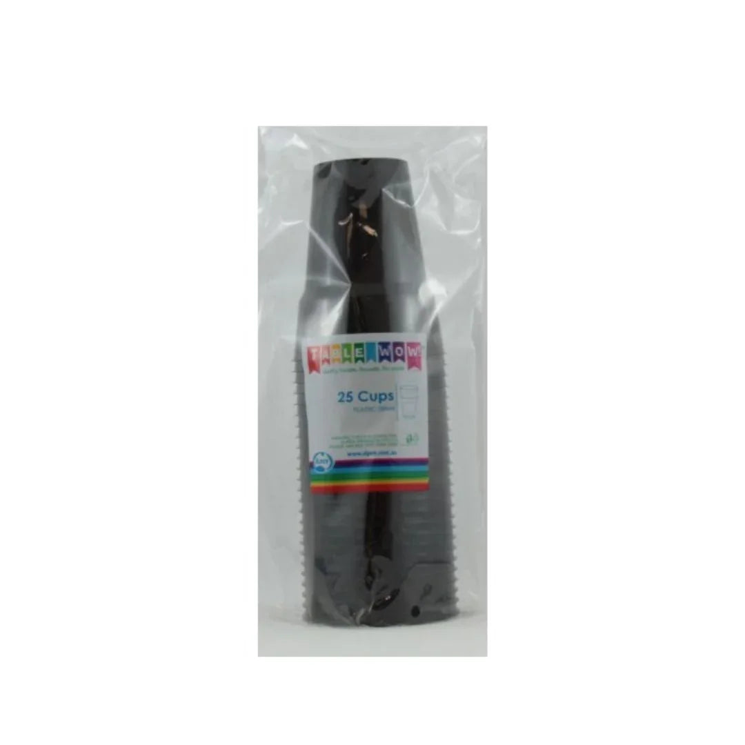 Pack of 25 black plastic disposable cups in clear plastic packaging