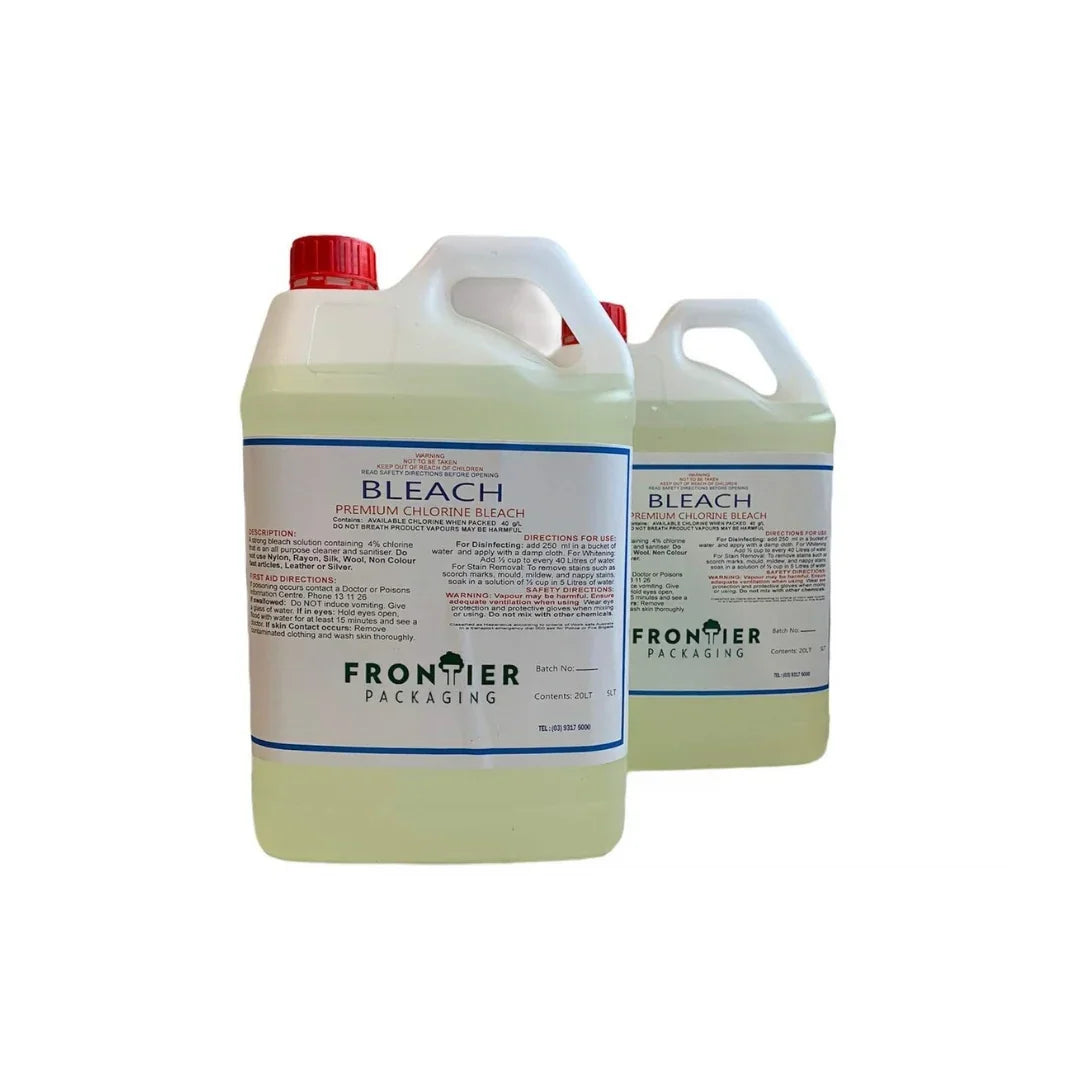 Two large white plastic jugs of Frontier Packaging premium chlorine bleach.