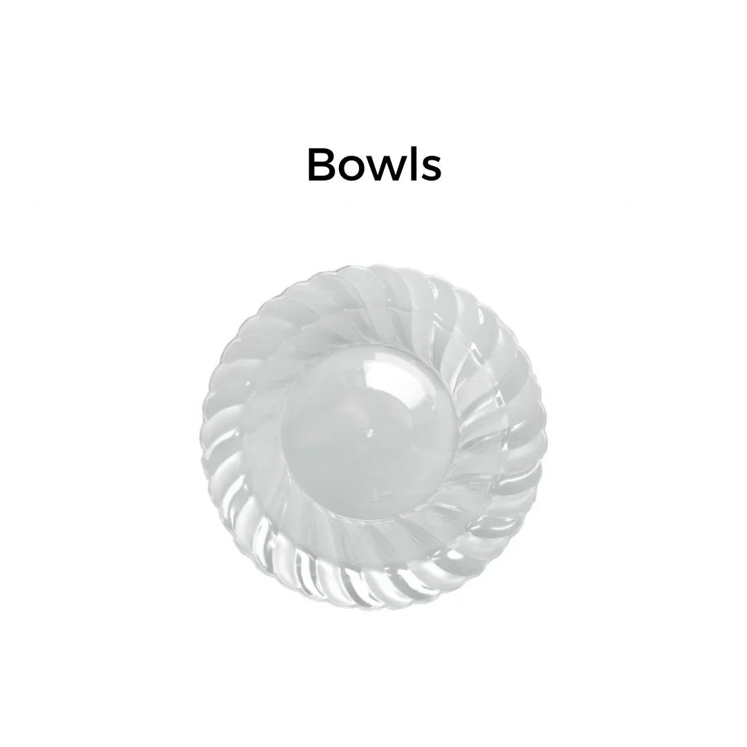 Clear plastic swirl-patterned disposable bowl for catering and parties