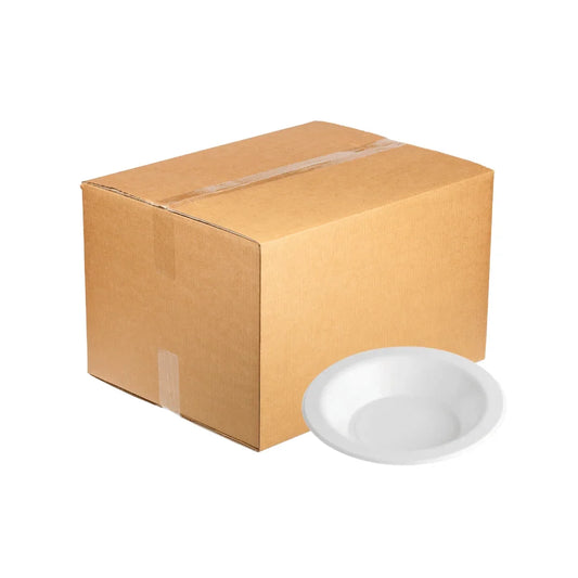 A brown cardboard shipping box next to a white disposable paper plate.