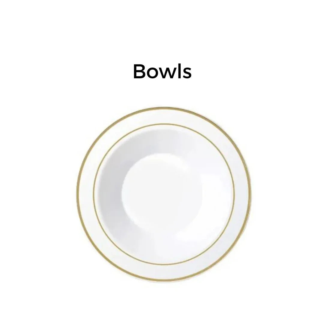White disposable catering bowl with elegant gold rimmed edges