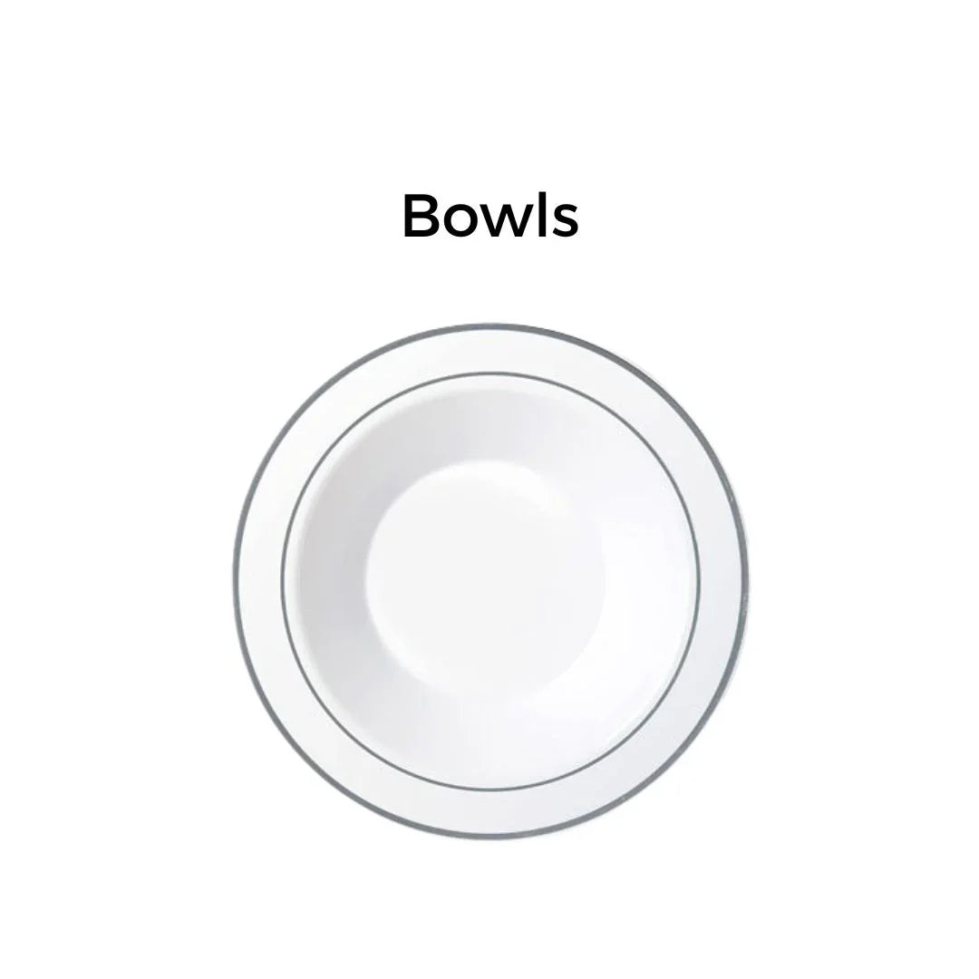 Top view of a white disposable catering bowl with a grey rim