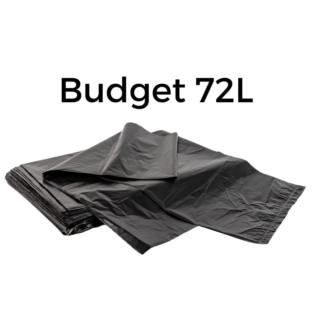 Budget 72L black plastic garbage bags folded on a white background
