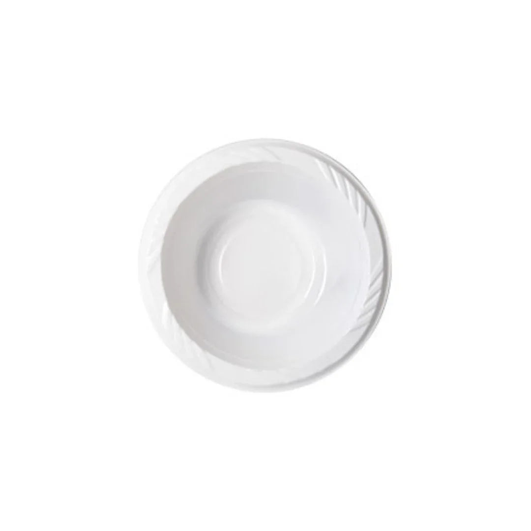 Top view of a white disposable plastic bowl