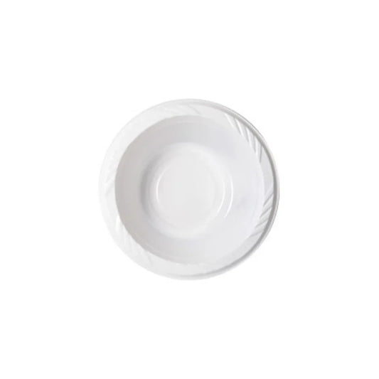 Top view of a white disposable plastic bowl