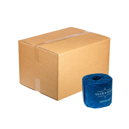 A roll of blue UltraSoft toilet paper next to a large brown cardboard shipping box.