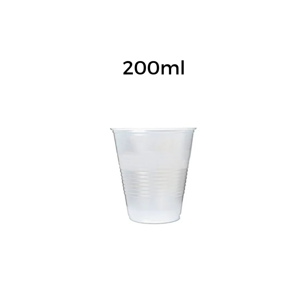 Clear disposable plastic cup with 200ml capacity